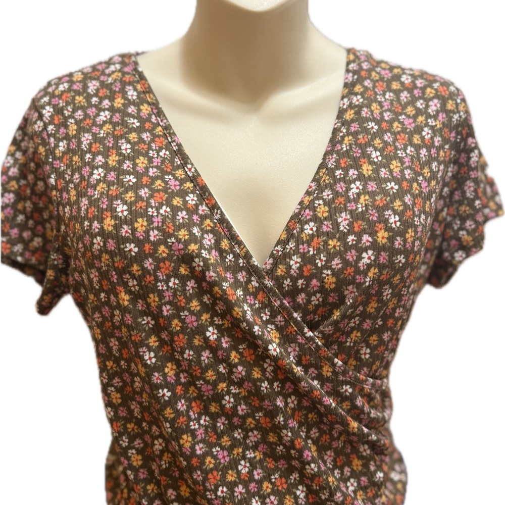 Brown Cap Sleeve Wrap Blouse with Floral Design
